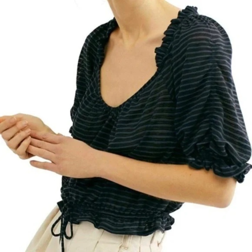 Free People Blue Black Dorothy Puff Sleeve Crop Top XS